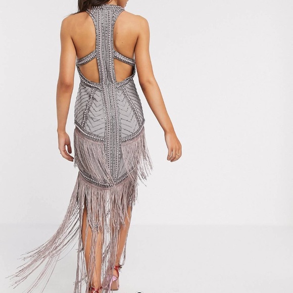 Embellished High Neck Maxi Dres with Fringe Hem - Picture 2 of 3